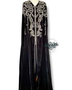 Ethnic Style White Muslim Women's <b>Plus</b> <b>Size</b> Georgette Beaded Handmade Lightweight High Neck Floor <b>Kaftan</b> Long Sleeves Flared Hem - Product Image 5