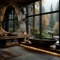 Miroir de salle de bain LED moderne en verre irrégulier avec interrupteur tactile, rétroéclairage chaud, design mural contemporain