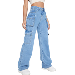 Pantalones Cargo Vaqueros Anchos Azules Medios para Mujer, Transpirables, de Tiro Medio, Ajuste Regular, Denim Lavado, Estilo Casual Urbano de Otoño - Product Image 1