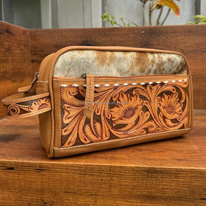 New Hot Selling Hand Tooled Leather Travel <b>Storage</b> <b>Zip</b> Makeup Pouch High Quality Cowhide Leather Portable Toiletry Cosmetic <b>Bags</b> - Product Image 4