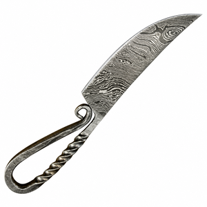Couteau de chasse gris argenté à motif Damas avec poignée en métal torsadé, lame incurvée et pointue, style artisanal, utilitaire pour l'extérieur - Product Image 5