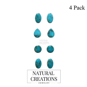 925 <b>Silver</b> Turquoise Natural Pear Oval Shape Butterfly Lock <b>Stud</b> <b>Earrings</b> Classic Style Bezel Setting Wedding Party Pack 4 Pairs - Product Image 1