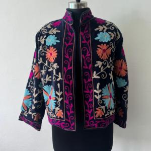 Women's Vintage Sujani Woven Velvet Hand Embroidered Bohemian Winter <b>Jacket</b> Indian Floral Design <b>Mandarin</b> <b>Collar</b> - Product Image 3