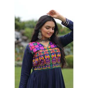 Evening Gown Navratri Kutchi Gamthi Floor-Length <b>Mirror</b> Work Gown with Gota Lace - Product Image 1