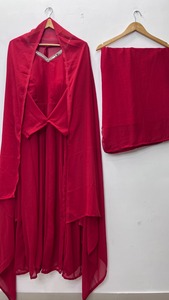 Robe longue en mousseline de soie rouge avec encolure en strass, tenue ethnique traditionnelle de boutique pour mariage et fiançailles, robe à manches longues pour femme - Product Image 4