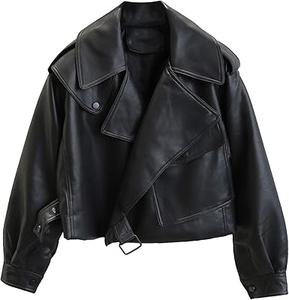 Veste moto en cuir PU pour femme, manches longues, col rabattu, couleur unie, style automne, coupe courte, coupe-vent - Product Image 5