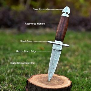 Daga de Damasco Hecha a Mano al por Mayor - Cuchillo de Doble Filo - Hoja Fija de 8.5 Pulgadas para Caza con Mango de Madera y Funda de Cuero - Product Image 2
