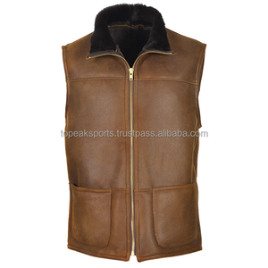 <b>Men's</b> Brown <b>Leather</b> Vest Shearling Collar Sleeveless Utility <b>Waistcoat</b> Zipper Front Multi Pocket Motorcycle Biker Custom OEM Top - Product Image 6