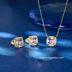 Gold Plated Pink Morganite Diamond Jewelry <b>Set</b> <b>Square</b> Cluster Pendant Ring Earrings for Wedding Gift - Product Image 1