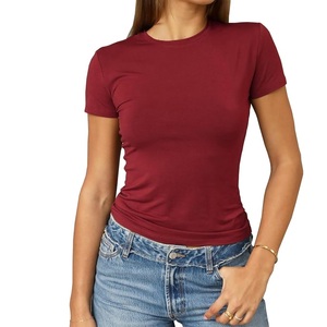 T-shirt à manches courtes pour femme, coupe ajustée, col rond, couleur unie, jersey en coton décontracté, respirant, à porter toute l'année - Product Image 1