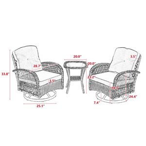 Set di 3 Sedie a Dondolo Girevoli da Esterno con Cuscini Ispessiti e Tavolino in Vetro per Giardino - Product Image 3