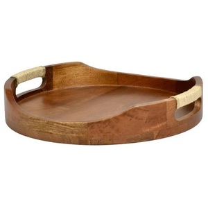 <b>Rustic</b> Round Mango Wood Serving Tray with Metal Handles Decorative Wooden Platter <b>Coffee</b> <b>Table</b> Natural Grain Wood Ottoman Tray - Product Image 4