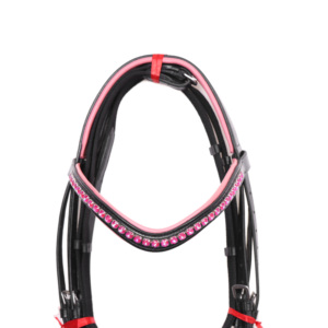 Bridon en cuir rose cristal avec garnitures noires et sangles réglables pour l'entraînement au dressage. - Product Image 3