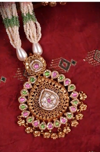 925 Silver Traditional Long Necklace <b>Set</b> for Women Green White <b>Beads</b> Bridal Temple Jewelry Elegant Ethnic <b>Set</b> - Product Image 3