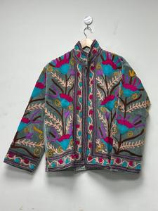 <b>Women</b> Green <b>Velvet</b> Suzani Embroidered <b>Jacket</b> with Floral Pattern Full Sleeve Stand Collar Bohemian <b>Women's</b> Winter Outerwear - Product Image 2