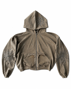 Sweat à capuche zippé vintage délavé avec strass, coupe oversize, style streetwear usé pour hommes et femmes - Product Image 6