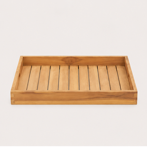 Bandeja de servir hecha a mano de madera de teca maciza, premium, ecológica, rectangular grande, con asas empotradas para el hogar. - Product Image 3