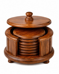 Solid Mango Wood Coaster <b>Set</b> with Holder Round Rustic Drink Coasters for Coffee Cups <b>Mugs</b> Glasses Dining Table Kitchen and Home - Product Image 1