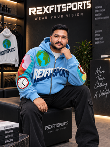 REXFITSPORTS 2026 <b>Men</b>’s Sky Blue Zip Up Streetwear Hoodie Custom Graphic Embroidery <b>Fleece</b> <b>Jacket</b> with Earth Patch Sleeve Design - Product Image 3