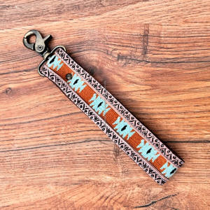 Alta calidad occidental mano tooled sillín manta muñequera correa de cuero genuino cordón llavero cuero de vaca vaquera Clips para llaves - Product Image 2