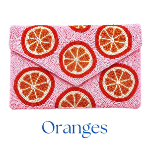 Pochette enveloppe rose perlée légère faite à la main avec motif tranches d'orange et chaîne argentée pour mariage - Product Image 6