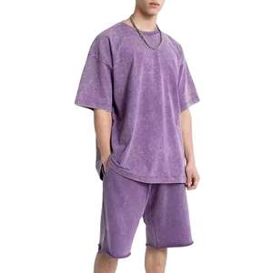 Nouveaux ensembles courts pour hommes, coupe ample, épaules tombantes, effet délavé, personnalisables, 100% coton French Terry, tenue décontractée, coupe boxy. - Product Image 1