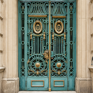 Porte d'entrée double en fer forgé orné de luxe, turquoise et or, design vintage en métal pour villa et maison - Product Image 1