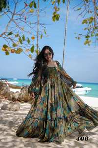 Hermoso Vestido Anarkali de Diseño Indio-Pakistaní en Tela de Seda Chinon con Bordado de Hilo, para Fiestas, Bodas, Uso Casual y Tradicional para Mujeres - Product Image 2