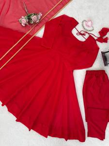 Salwar Kameez Rojo de Algodón para Mujer, Largo hasta el Tobillo, Corte Holgado, Traje Étnico Tradicional, Ropa Festiva para Bodas, Estilo India Pakistán - Product Image 6