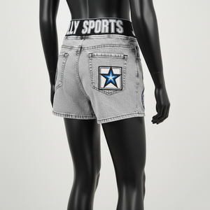 Shorts de mujer en gris, mezcla de algodón y poliéster, con tela elástica y cómoda, bordado de chenilla, apliques y logotipo personalizado. - Product Image 6