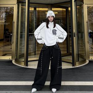 Sweat-shirt oversize streetwear à demi-zip avec broderie et passepoil contrastant 100% coton – Haut décontracté pour l'hiver et le quotidien - Product Image 2