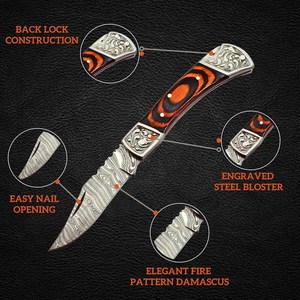 Top Damascus Steel Folding Utility Knife Pakka Wood Handle Leather Sheath ODM OEM Pocket EDC Hunting <b>Camping</b> Industrial Grad - Product Image 5