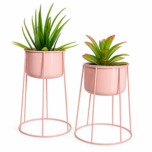 Support de plante moderne en métal rose poudré avec pot de fleurs cylindrique haut et base ronde élégante en fil métallique pour plantes d'intérieur, salon - Product Image 1