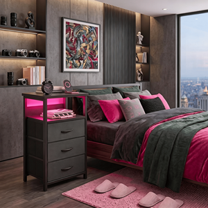 Comodino Moderno con Luce LED, 3 Cassetti in Tessuto, Prese AC, Porte USB e Ripiano Aperto - Product Image 5