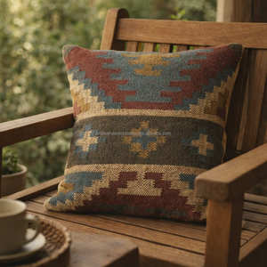 Housse de coussin géométrique Kilim couleur moutarde pour un intérieur bohème, scandinave et moderne du milieu du siècle - Product Image 2
