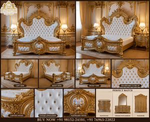 Ensemble de chambre à coucher en teck sculpté Royal Majesty, style français royal, lit de luxe en bois massif à dossier haut, magnifique lit king size sculpté - Product Image 6