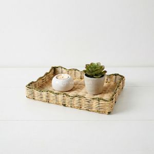 Green Scalloped Rattan Storage Tray with Scalloped Edge, Minimalist Design for <b>Table</b> Organization Unfinished Single Tier - Product Image 4