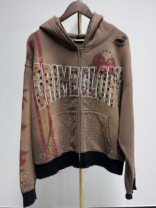 Sudadera con capucha de diseñador Nesta Sports Streetwear, personalizada, de algodón grueso, extragrande, con lavado ácido, efecto desgastado, pedrería y bordado, con cremallera. - Product Image 2