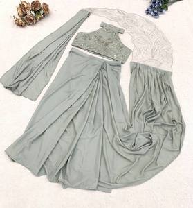 Robe indienne pakistanaise en soie crêpe de qualité supérieure, vert menthe, à deux pièces, brodée, longueur ras du sol, avec jupe plissée et châle, pour banquet - Product Image 6