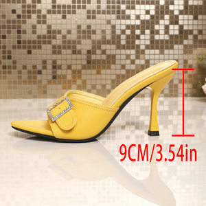 Shiny Yellow Stiletto Slippers with Crystal Buckle | Evening Party High Heel <b>Sandals</b> - Product Image 6