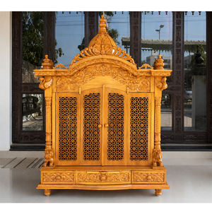 Designer Door Temple Natural Teak Wooden Polish Traditional Modern Durable Customized Size Peacock Carved <b>Mandir</b> For Home USA - Product Image 1