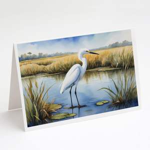 Whimsical Snowy Egret en Marismas Costeras Paquete de 8 A7 Tamaño 5x7 Tarjetas de felicitación en blanco con sobres Tarjetas de notas - Product Image 1