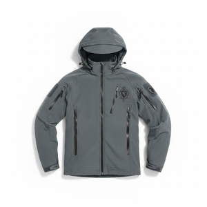 Men's Gray Hooded <b>Waterproof</b> PU Motorcycle <b>Jacket</b> With Front Logo Zipper Closure Solid Color Workwear Style <b>Winter</b> Wear - Product Image 1