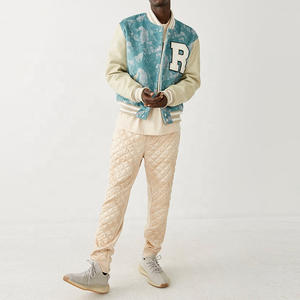 Men's Varsity <b>Jacket</b> Blue Cloud Print Cream Sleeve Letter R Patch Zipper Front Casual <b>winter</b> Wear - Product Image 2