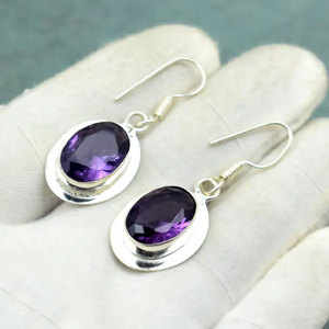 Elegant Amethyst Drop <b>Earrings</b> <b>Silver</b> Plated Oval Purple Gemstone Dangle <b>Earrings</b> Boho Handmade Jewelry for Women - Product Image 3