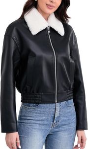 Veste bomber en cuir PU noir pour femme avec col en fausse fourrure, fermeture éclair, manches longues, style hiver, couleur unie, veste en cuir - Product Image 5