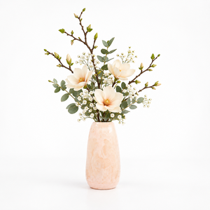 Vase rose fait main, finition blanche brillante, forme ronde, design traditionnel pour l'affichage floral, décoration du Nouvel An chinois - Product Image 1