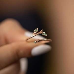 Handmade Olive Leaf <b>Ring</b> For Women <b>925</b> Sterling <b>Silver</b> 14K Gold Plated Green Emerald Jewelry Gift For Her - Product Image 2