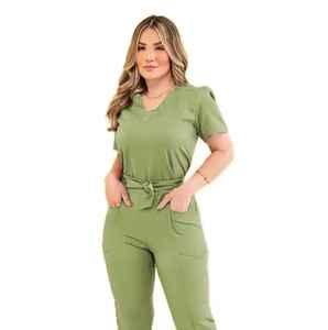 Beauty Salon Hospital Uniform Women <b>Scrubs</b> <b>Top</b> with Classic V-Neck Medical Nursing Cotton Woven <b>Scrub</b> Set - Product Image 3