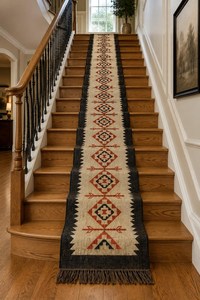 Tapis de couloir géométrique tribal sur mesure en laine et jute, style kilim bohème, pour entrée et couloir - Product Image 6
